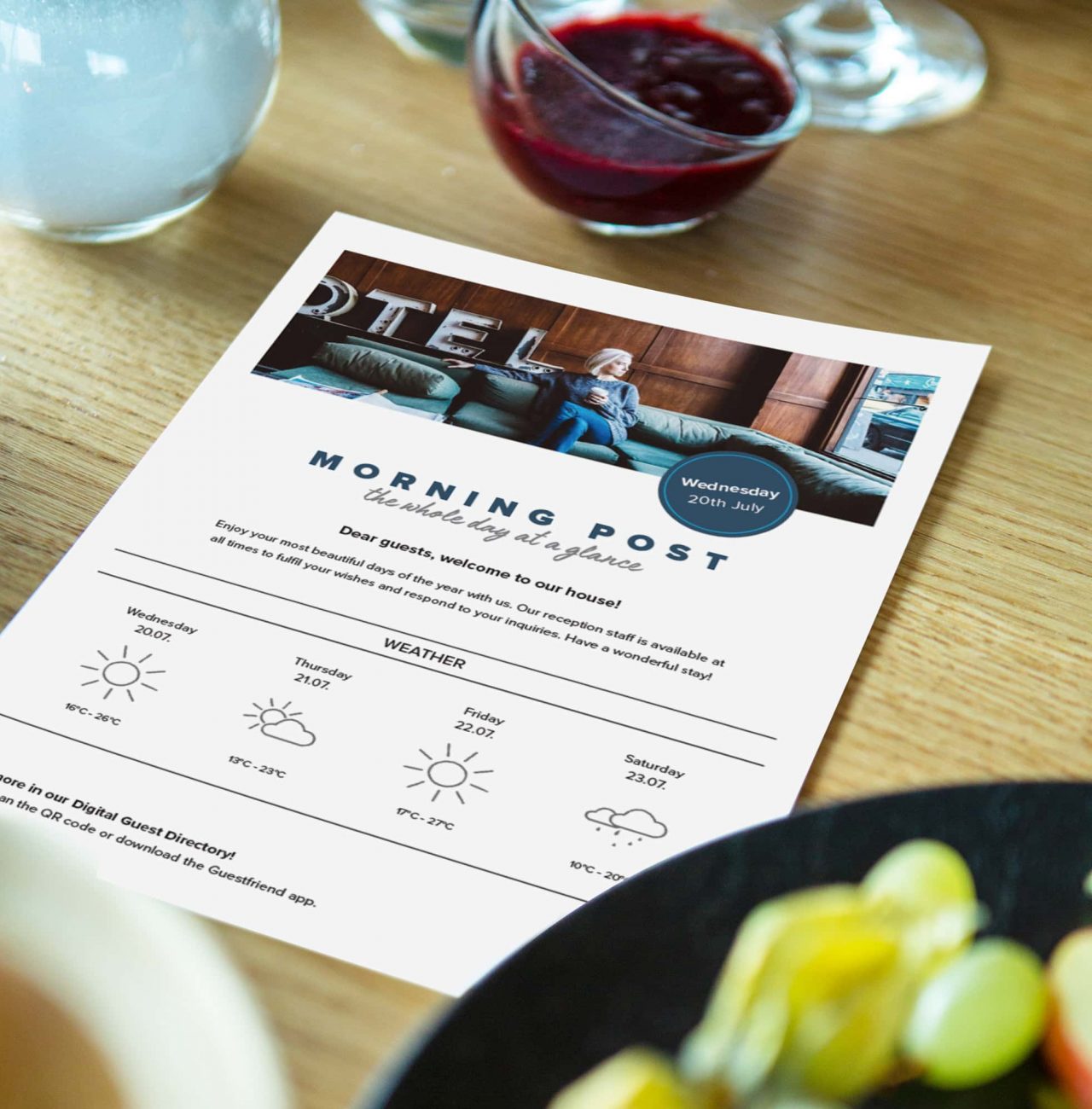 Guestfriend-Hotelzeitung-Hotel-Fruehstueckstisch-2000×2000-Gastfreund-GmbH Printed Hotel Newspaper on a breakfast table